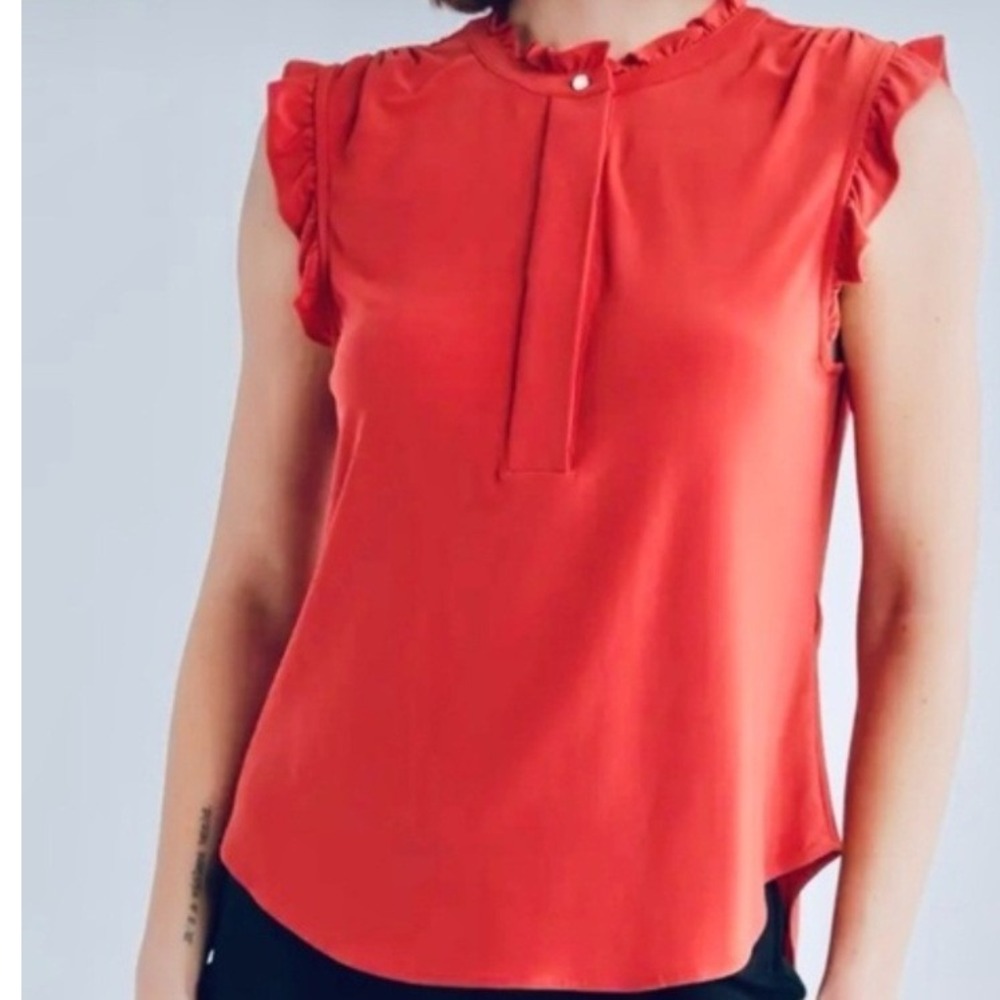 DKNY‎ Red Sleeveless Ruffle Mock Neck Blouse Top XL NWT $59
